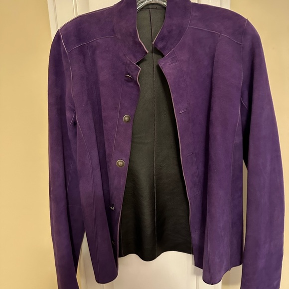 Chico's Genuine Black Leather Jacket Button Down Reversible Purple Size: SM - Picture 7 of 7